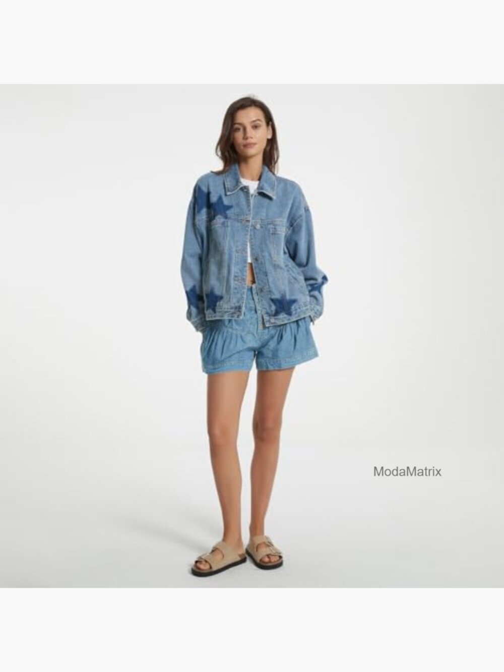 Oversized Boyfriend Denim Jacket with Leopard Stars Print Button Front Pockets - Picture 6 of 7